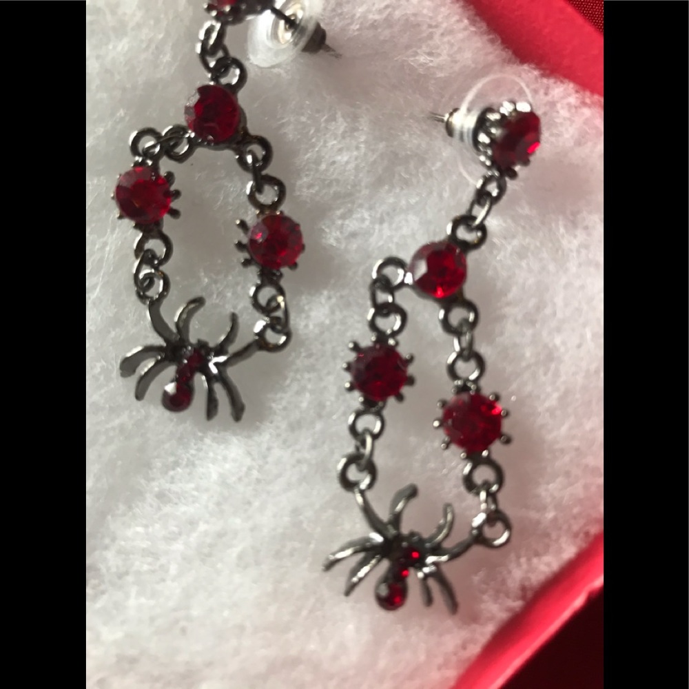 Red and Silver Spider earrings and pouch